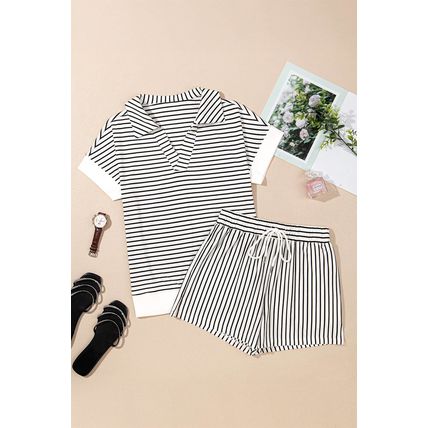 Black Stripe V Neck Tee and Casual Short Set