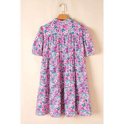 Pink Plus Size Floral Half Button Short Puff Sleeve A-line Dress