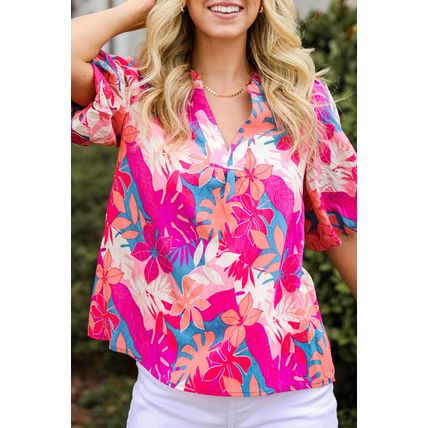 Rose Tropical Plant Printed V Neck Puff Sleeve Blouse