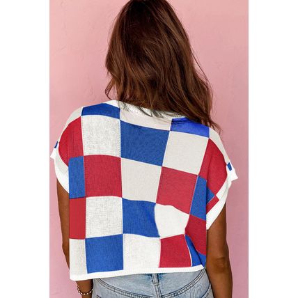 White USA Flag Inspire Colorblock Plaid Sequin Heart Graphic Short Sleeve Sweate