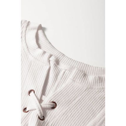 White Ribbed Texture Lace Patchwork Short Sleeve Top