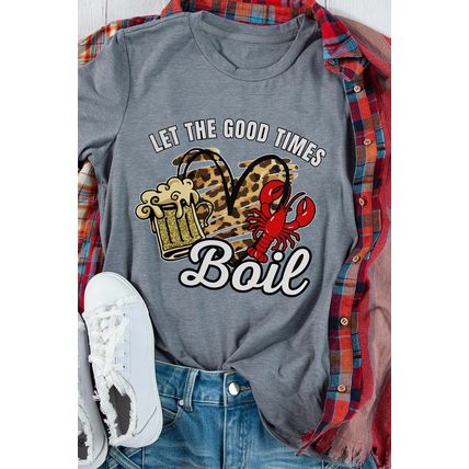 Gray Let The Good Times Boil Crawfish Leopard Heart Graphic Tee