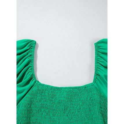 Bright Green Ruched Front Puff Sleeve Plus Size Long Dress