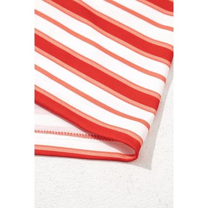 Tomato Red Stripe Print Contrast Collar Raglan Sleeve T Shirt