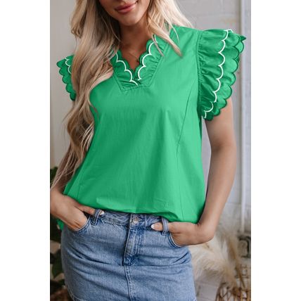 Bright Green Contrast Scallop Trim Layered Short Sleeve V Neck Blouse