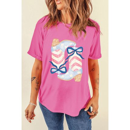 Sachet Pink Flag Pattern Boots Bow Accent Casual Graphic Tee
