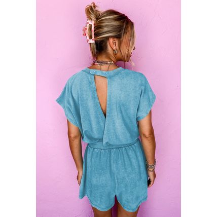 Mist Blue Mineral Wash Drawstring Waist Hollow Out Back Short Sleeve Romper