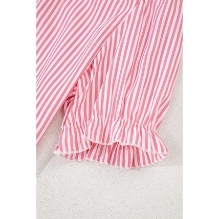 Pink Stripe Notched Neck Frilled Short Puff Sleeve Blouse