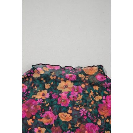 Rose Floral Print Mesh Stand Neck Short Sleeve Top