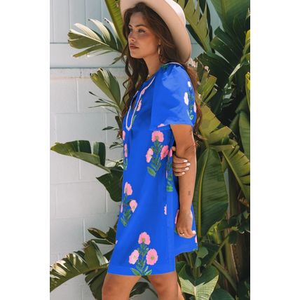 Blue Floral Short Sleeve Split Neck Loose Mini Dress