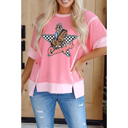 Peach Blossom Cowgirl Checkered Star Shape Print Exposed Seam T Shirt