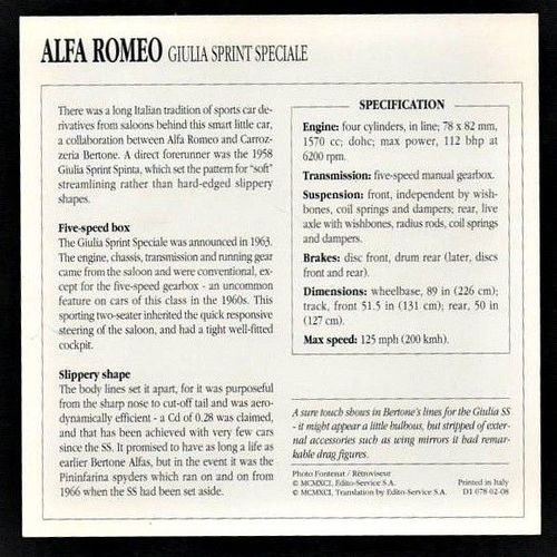 1963-1965 ALPHA ROMEO GIULIA SPRINT SPECIALE Classic Car Photo and Info MaxiCard