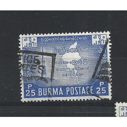 Burma.SG136 25p Independence Monument,Ragoon and Map (Blue).Fine Used.Jul25g