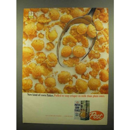 1965 Post Puffed Corn Flakes Cereal Ad - Stay Crisper