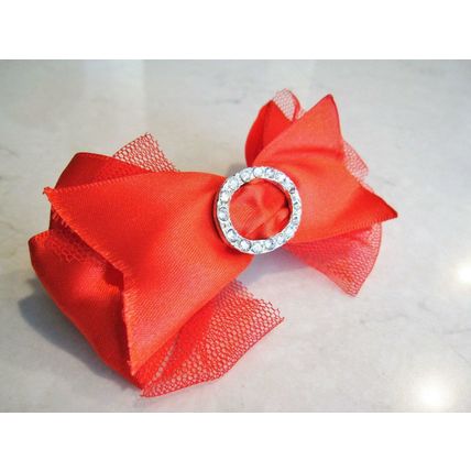 Red rockabilly shiny, lacy bow hair clip barrette with swarovski crystals
