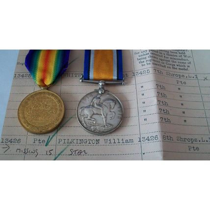 WW1 War and Victory Pair Medals William Pilkington 8th Shropshire Light Infantry