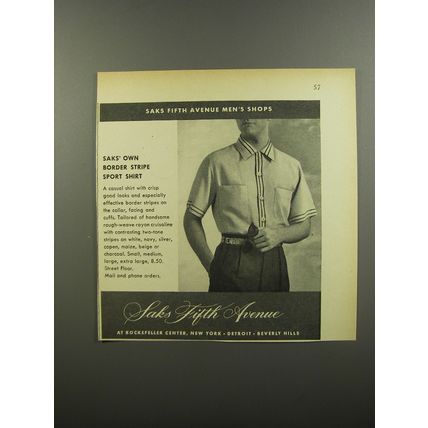 1953 Saks Fifth Avenue Border Stripe Sport Shirt Advertisement