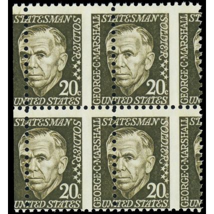 1289, Mint NH 20¢ Misperforation Error Block of Four - Marshall - Stuart Katz