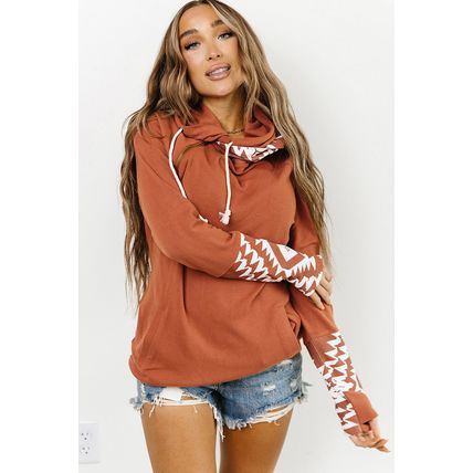 Brown Aztec Print Patchwork Thumb Hole Hoodie