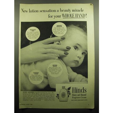 1949 Hinds Honey and Almond Fragrance Cream Ad - New lotion sensation a miracle