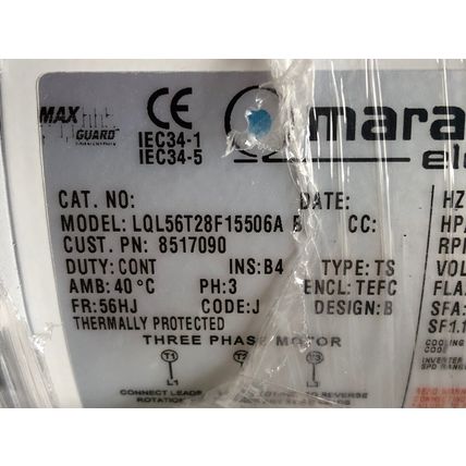 MARATHON ELECTRIC 8517090 THREE PHASE MOTOR,1HP,MARATHON LQL56T28F15506A B,AV