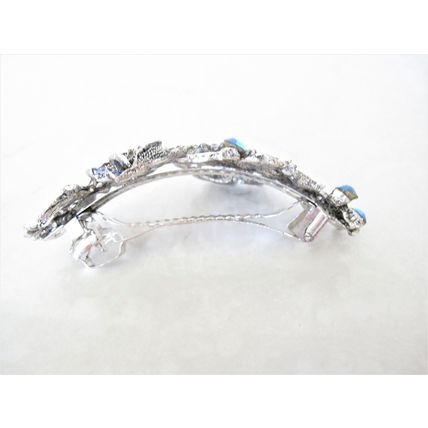 Large silver leaves rose flower blue crystal hair barrette bridal clip