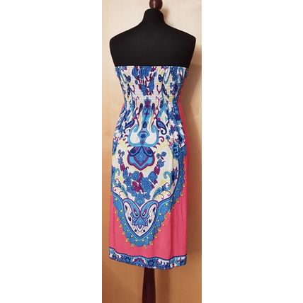 Strappless Elastic Blue Pink White Multi Statement Print Tunic Dress M 12 UK