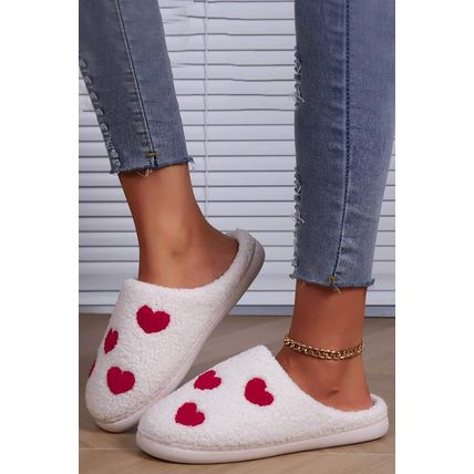White Valentines Day Hearts Print Plush House Slippers
