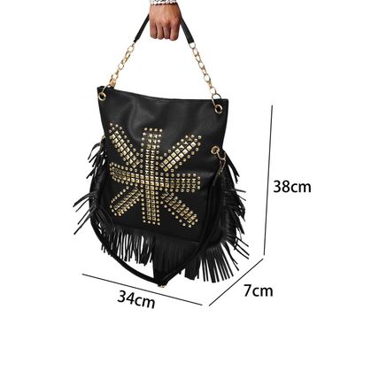 Black PU Leather Rivet Fringed Large One Shoulder Bag