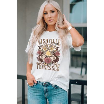White Nashville Tennessee Guitar Rose Graphic Crewneck Tee