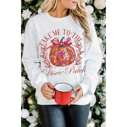 Beige Halloween Disco Ball Pumpkin Print Pullover Sweatshirt