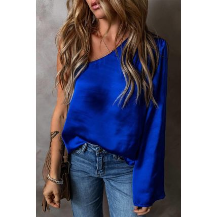 Dark Blue Asymmetric One Shoulder Bell Sleeve Satin Blouse