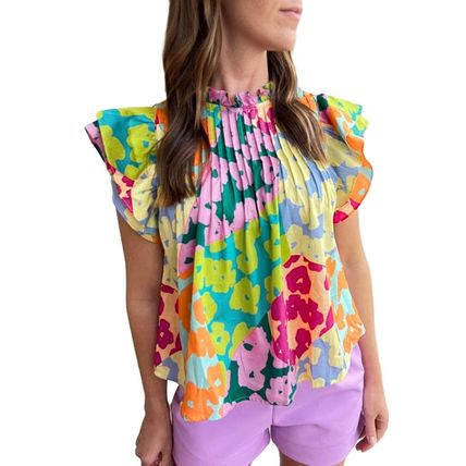 Multicolour Abstract Print Pleated Flutter Sleeve Blouse