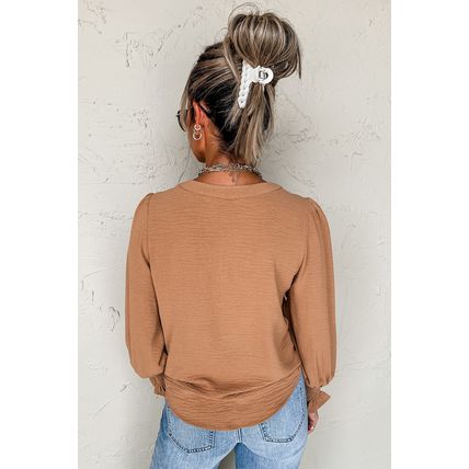 Straw Yellow Solid Color Shirred Cuff Notch V Neck Blouse