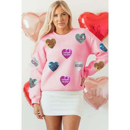 Pink Sequin Romantic Letters Heart Graphic Valentines Sweatshirt