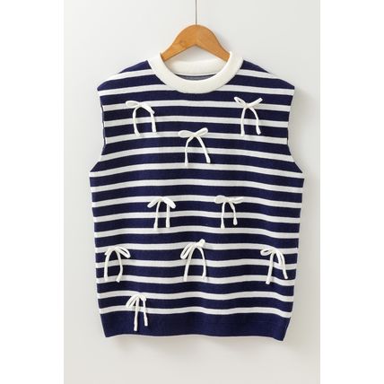 Blue Stripe Knitted Bow Decor Sweater Vest
