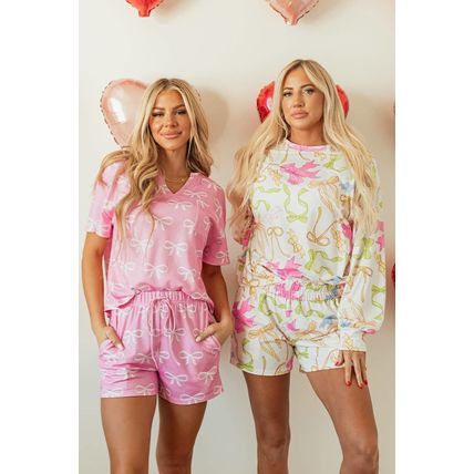 Pink Waffle Knit Bowknot Printed V Neck T Shirt and Shorts Set