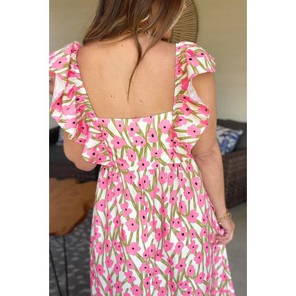 Pink Plus Size Ruffle Trim Square Neck High Waist Floral Maxi Dress