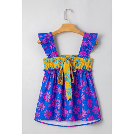 Blue Floral Colorblock Flutter Straps Flowy Tank Top