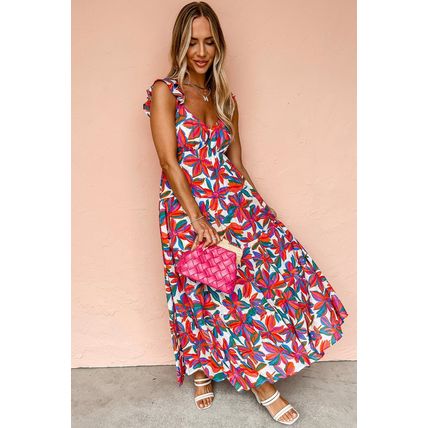 Red Boho Floral Ruffled Strap V Neck Maxi Dress