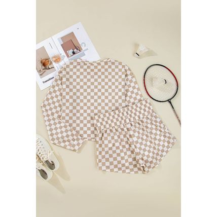 Khaki Checkered Long Sleeve Crop Top High Waist Skort 2pcs Set