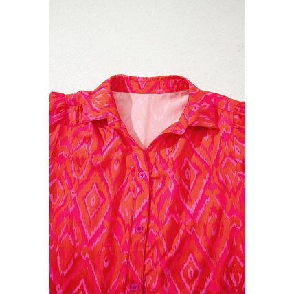 Strawberry Pink Western Aztec Geometric Ruffled 3/4 Sleeve Shirt