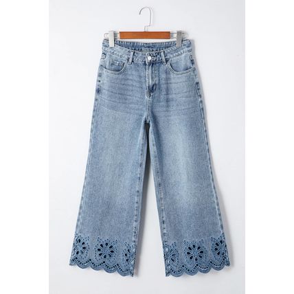 Dusk Blue Embroidered Cropped Wide Leg High Waist Jeans
