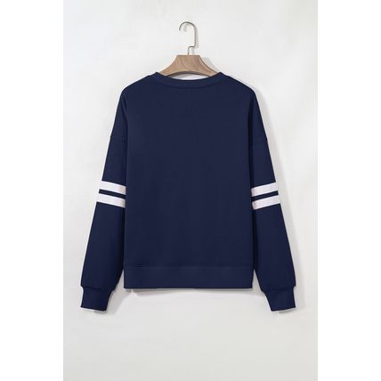 Navy Blue Varsity Striped Detail Drop Shoulder Oversized Sweatshirt