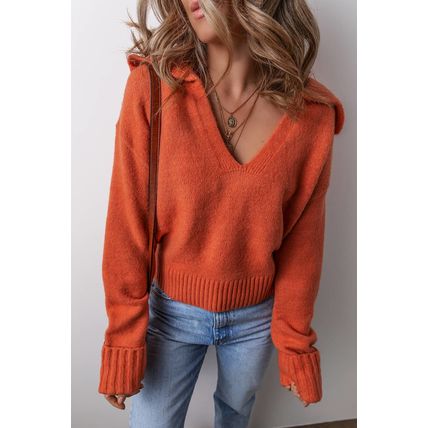 Flamingo Collared V Neck Ribbed Edge Sexy Elegant Sweater