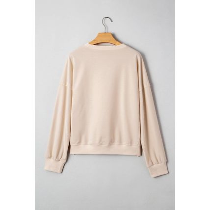 Beige Raw Edge Flower Patch Drop Shoulder Casual Top