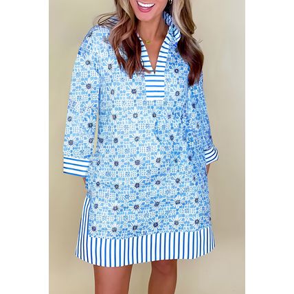 Sky Blue Contrast Striped Trim Floral Shift Fit Fall Dress