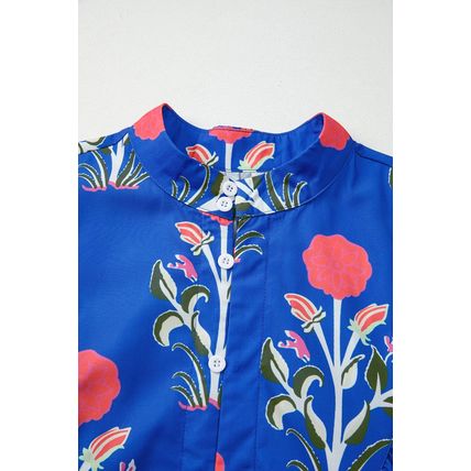 Blue Floral Print Button Detail 3/4 Puff Sleeve Ruffle Hem Dress