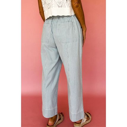 Sky Blue Stripe Mid Rise Drawstring Waist Jeans