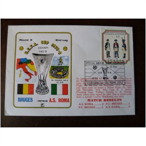 Italy 1975 Bruges v A S Roma Dawn Football Flown Cover 3 UEFA Cup Rome map flag